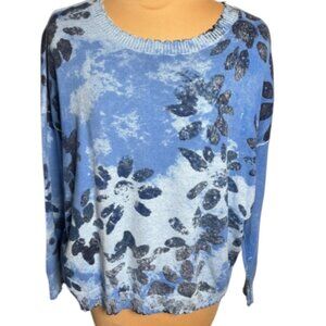 NIC+ZOE Blue Abstract Floral Knit Sweater Size Large Lightweight Pullover